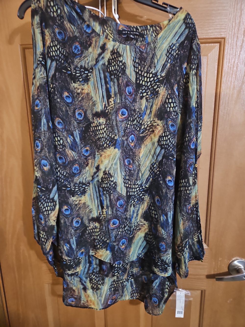 Zac & Rachel Peacock-Feather Print Long-Sleeve Tunic in Blue and Green